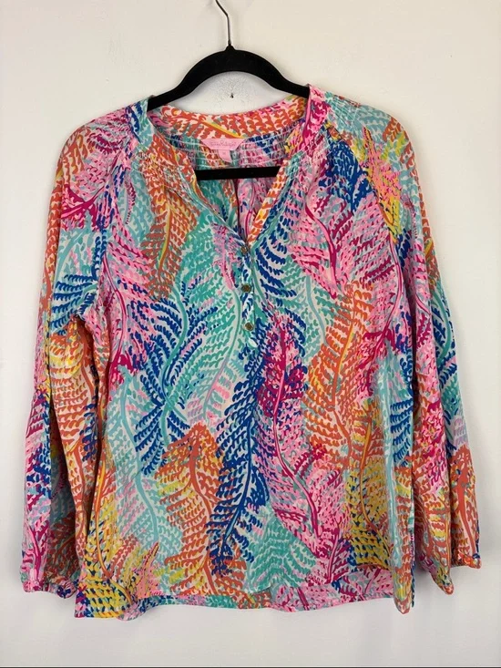 Lilly Pulitzer Popover Electric Feel 100% Silk Long Sleeve Elsa Blouse Medium - Picture 1 of 9